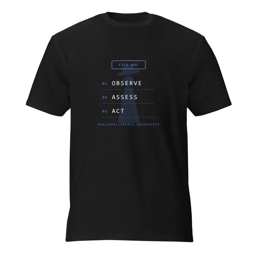 Black t-shirt with a File 001 case file design on the chest
